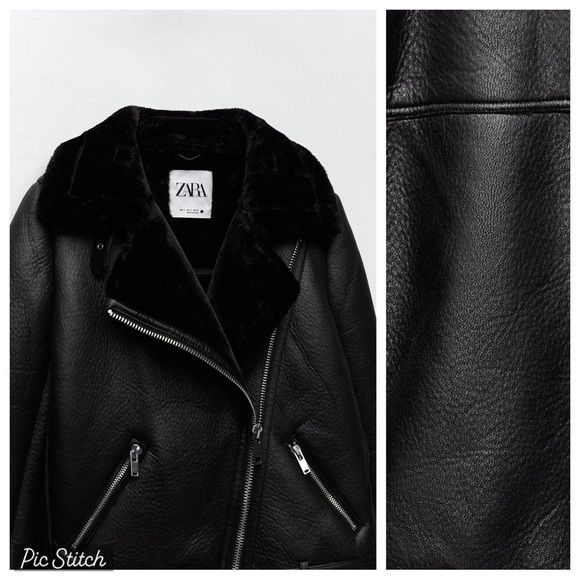 Zara Black Faux Leather Shearling Biker Jacket - Picture 6 of 12